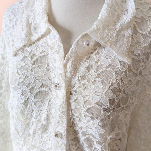 Vintage R&M Richards All Lace Top 14W Ivory Off White Gem Jewel Buttons Sheer 1X - Picture 2 of 6